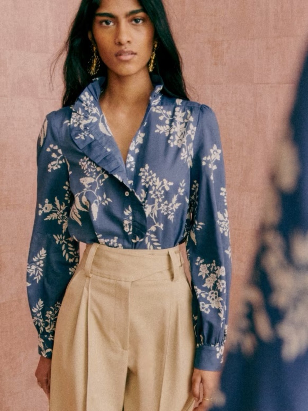 Sezane Chlo Shirt Blue Ecru Floral Blouse